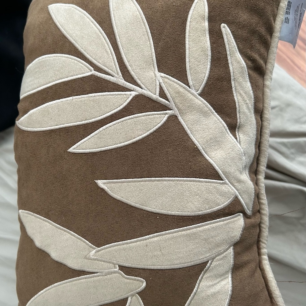 Leaf Embroidered Brown and Cream Pillow